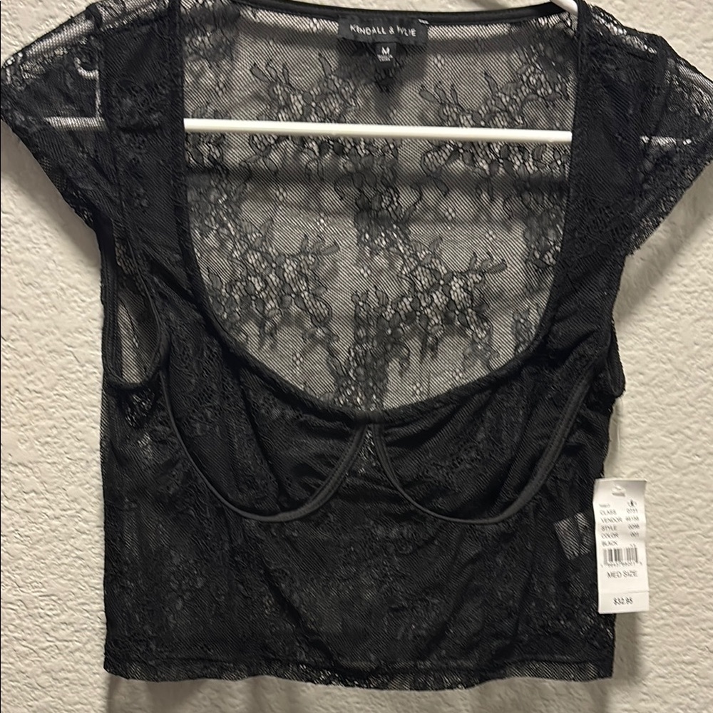 Kendall & Kylie Sheer Black Lace Crop Top
